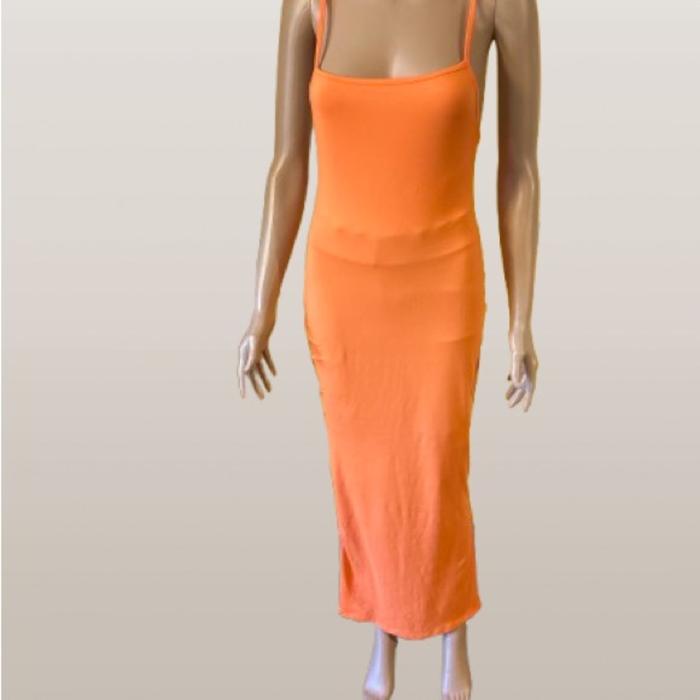 Orange Bodycon Midi Dress with Square Neck
